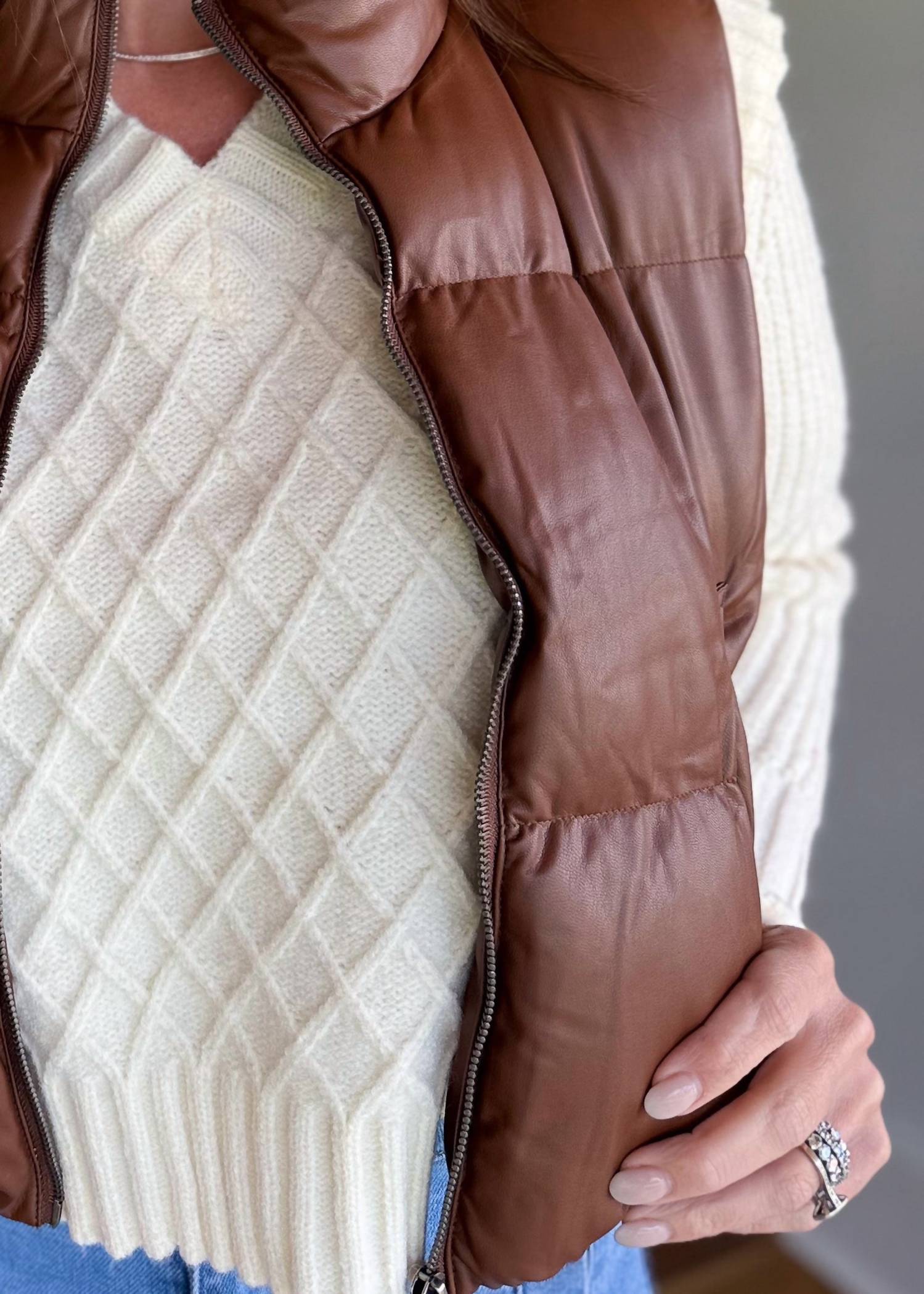 Double Zero Fireside Zip Up Puffer Vest in brown - women's jacket - detail view