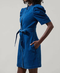 Sugarlips - Women's Jamie Denim Puff Sleeve Belted Mini Dress