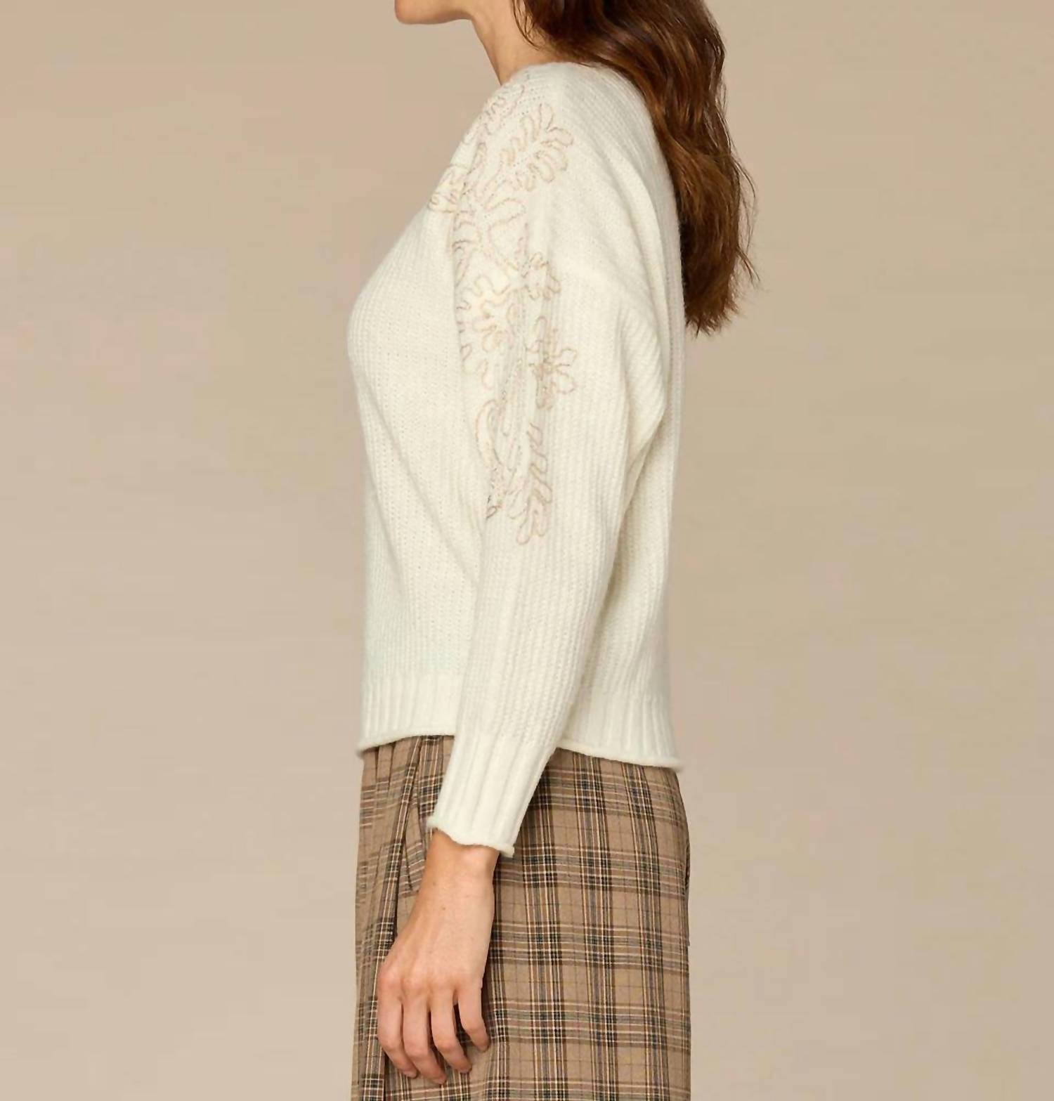 Democracy - Embroidered Shoulder Boat Neck Sweater