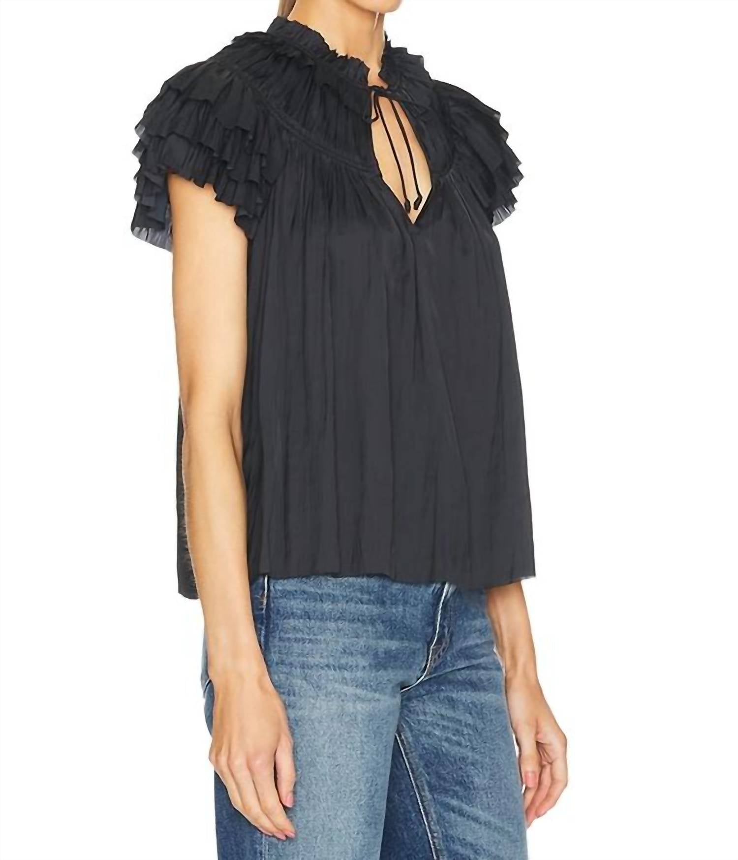 Ulla Johnson Elvie Short Sleeve Blouse in black - women's blouse - detail view