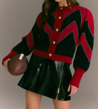 ALLISON NEW YORK Fuzzy Chevron Cardigan in red black - women's cardigan - alternate view