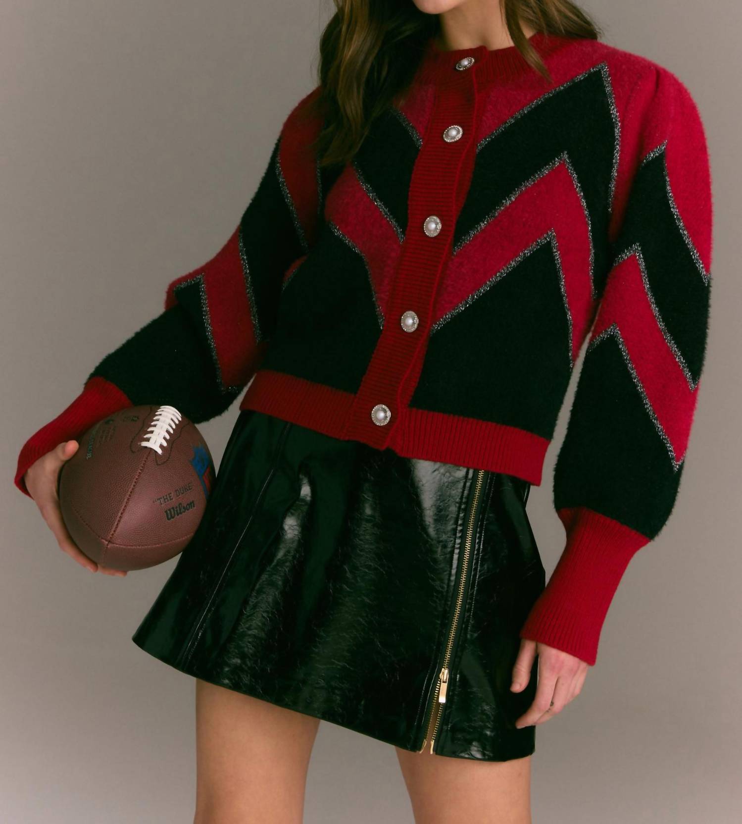 ALLISON NEW YORK Fuzzy Chevron Cardigan in red black - women's cardigan - alternate view