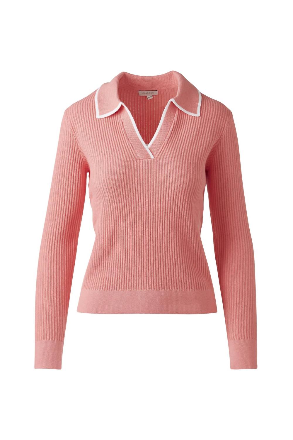 Kinross Tipped Rib Polo Top in coral - women's long sleeve top - detail view