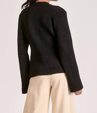 ELAN Crewneck Flair Sleeve Button Up Sweater in black - women's sweater - detail view