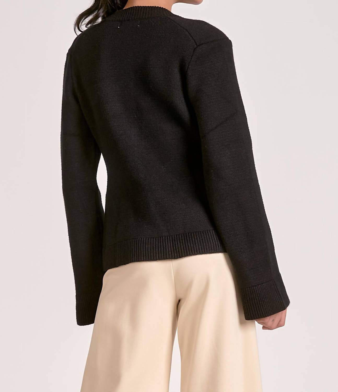ELAN Crewneck Flair Sleeve Button Up Sweater in black - women's sweater - detail view