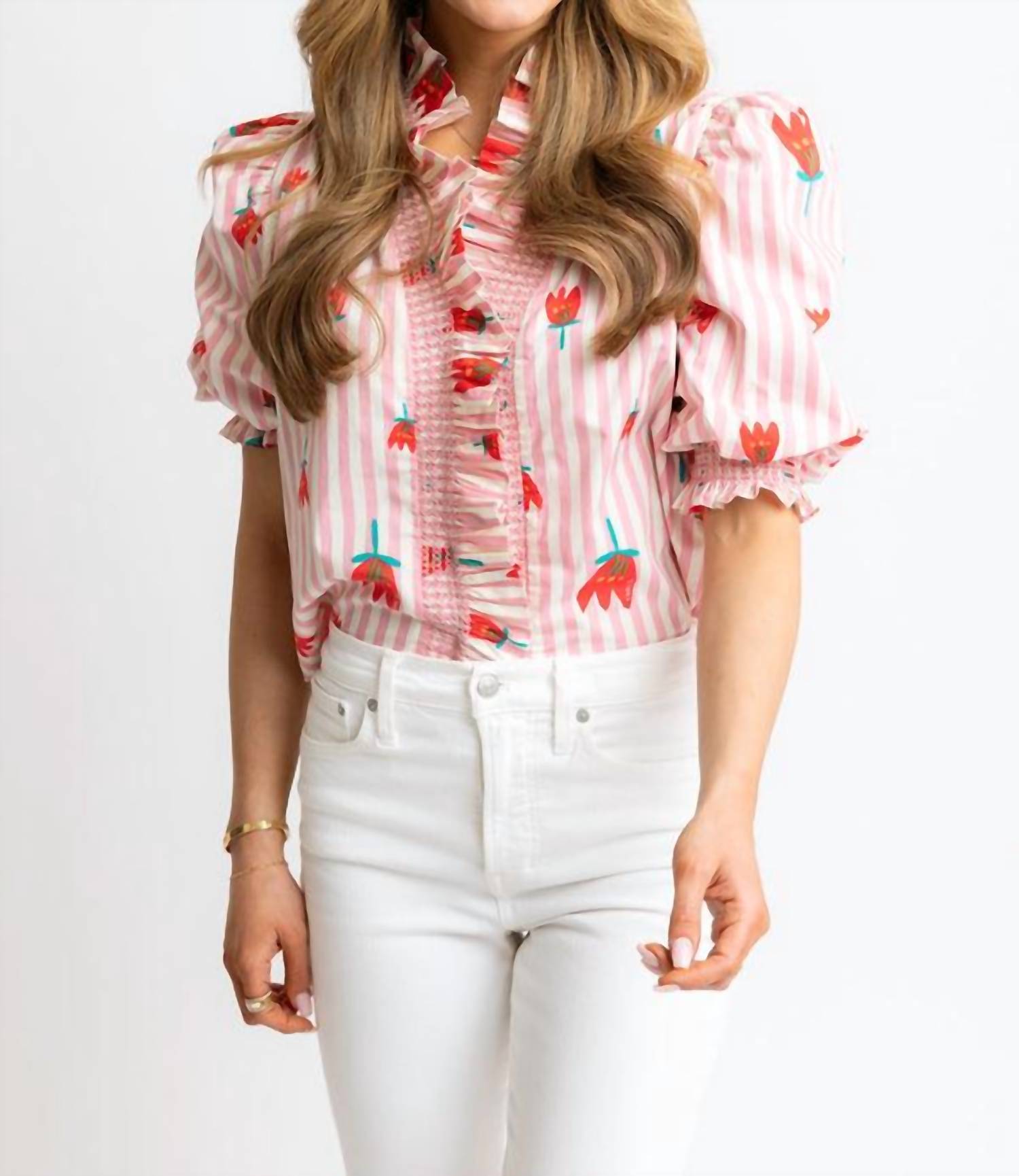 Karlie - Stripe Poppy Ruffle Button Up Top
