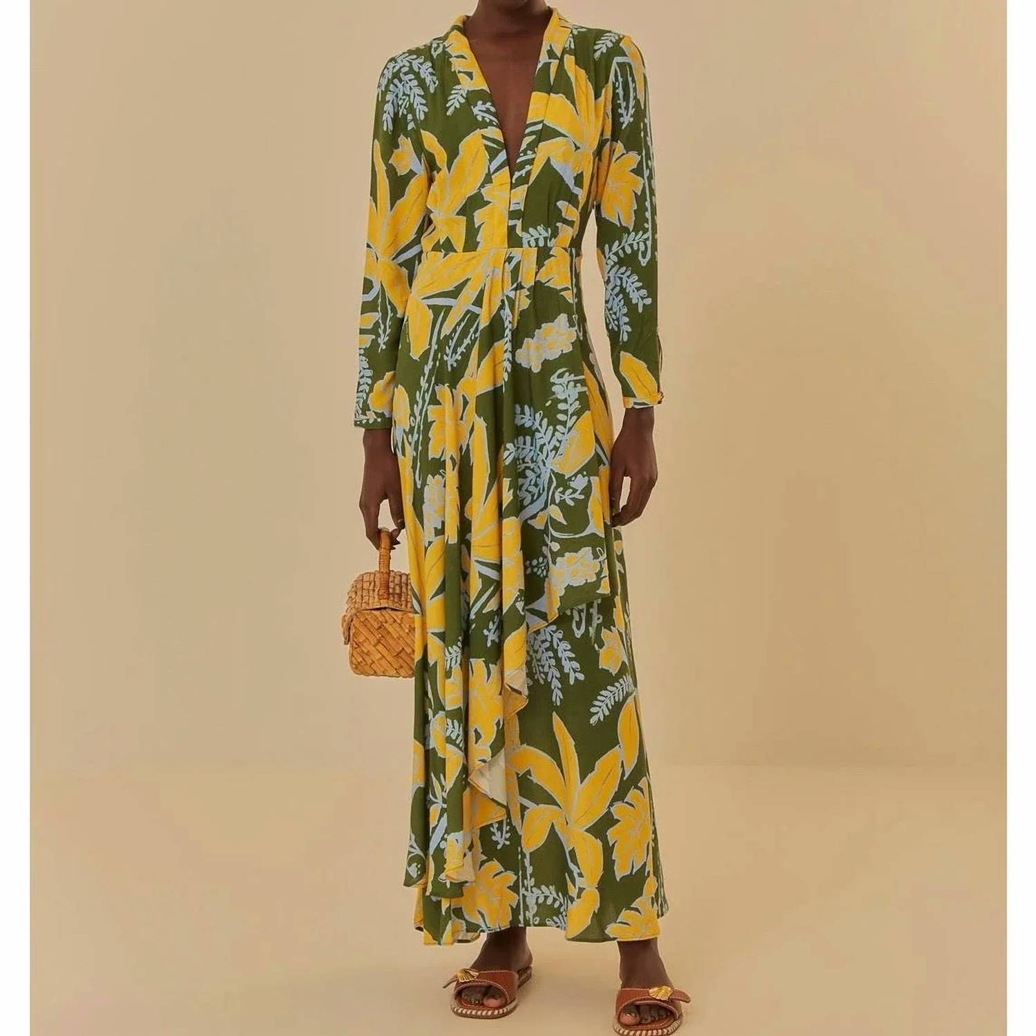 Farm Rio - Foliage Sketch V-Neck Maxi Dress