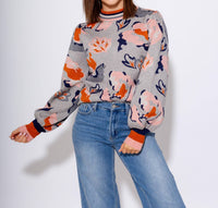 THML Abstract Floral Knit Sweater in grey - women's sweater