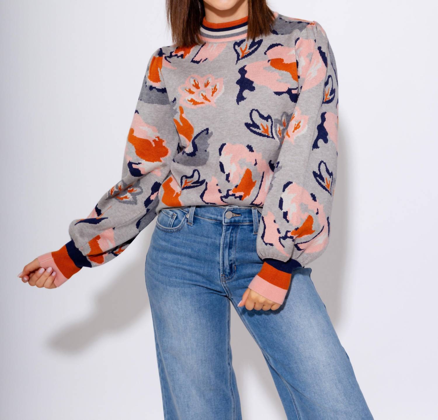 THML Abstract Floral Knit Sweater in grey - women's sweater