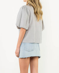 THML Puff Sleeve Striped Button Up Top in green - women's blouse - alternate view