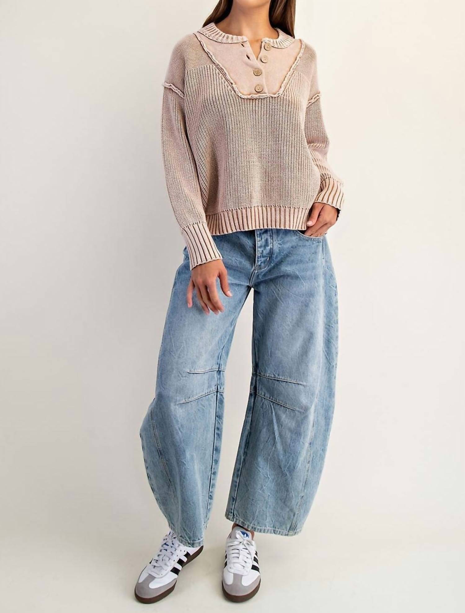 ee:some Half Button Front Long Sleeve Knit Pullover in washed walnut - women's long sleeve top