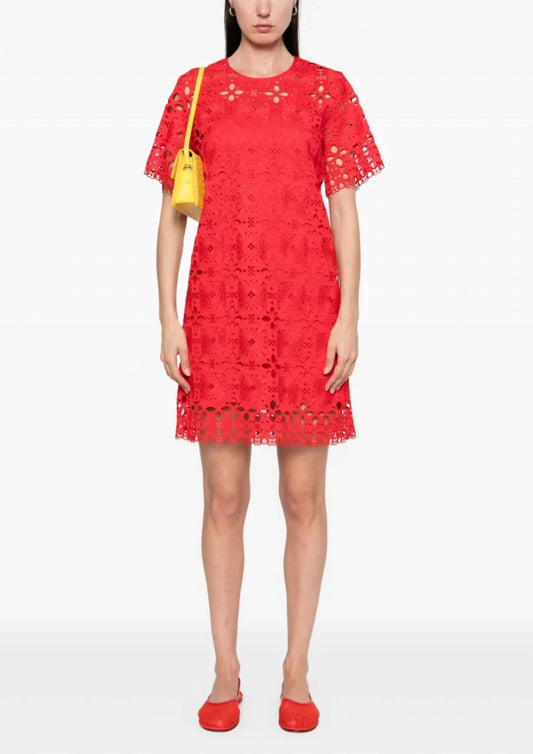 Suncoo - Short Sleeve Cerise Lace Dress