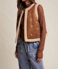 Listicle - Embroidered Faux Suede Shearling Vest