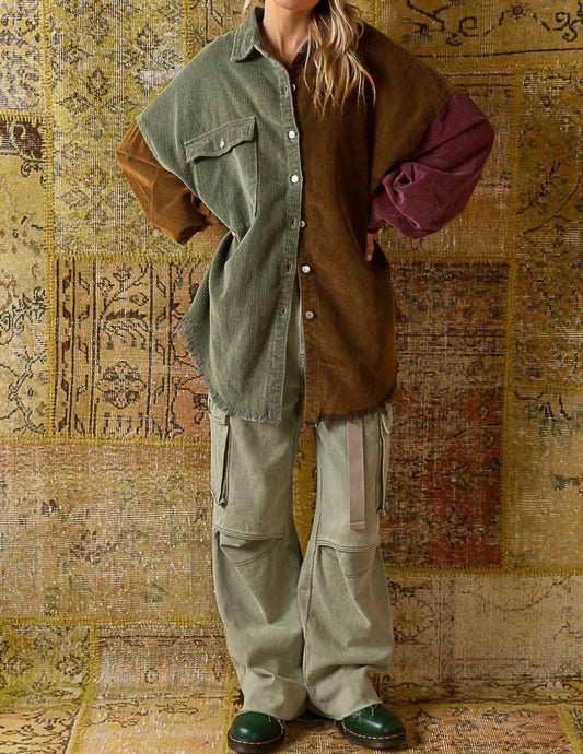 Corduroy Contrast Color Panel Shacket With Frayed Hem