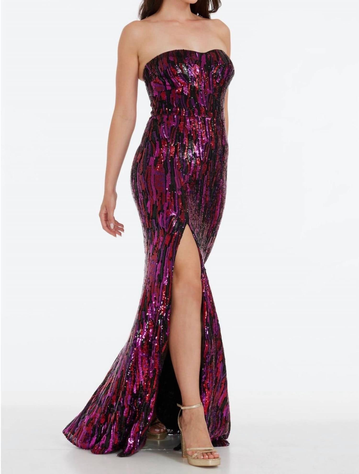 DRESS THE POPULATION Nikita Sequin Strapless Gown in fuchsia multi - women's dress - alternate view