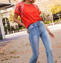 Umgee - Embroidered Sleeve Frayed Ruffle Trim Top