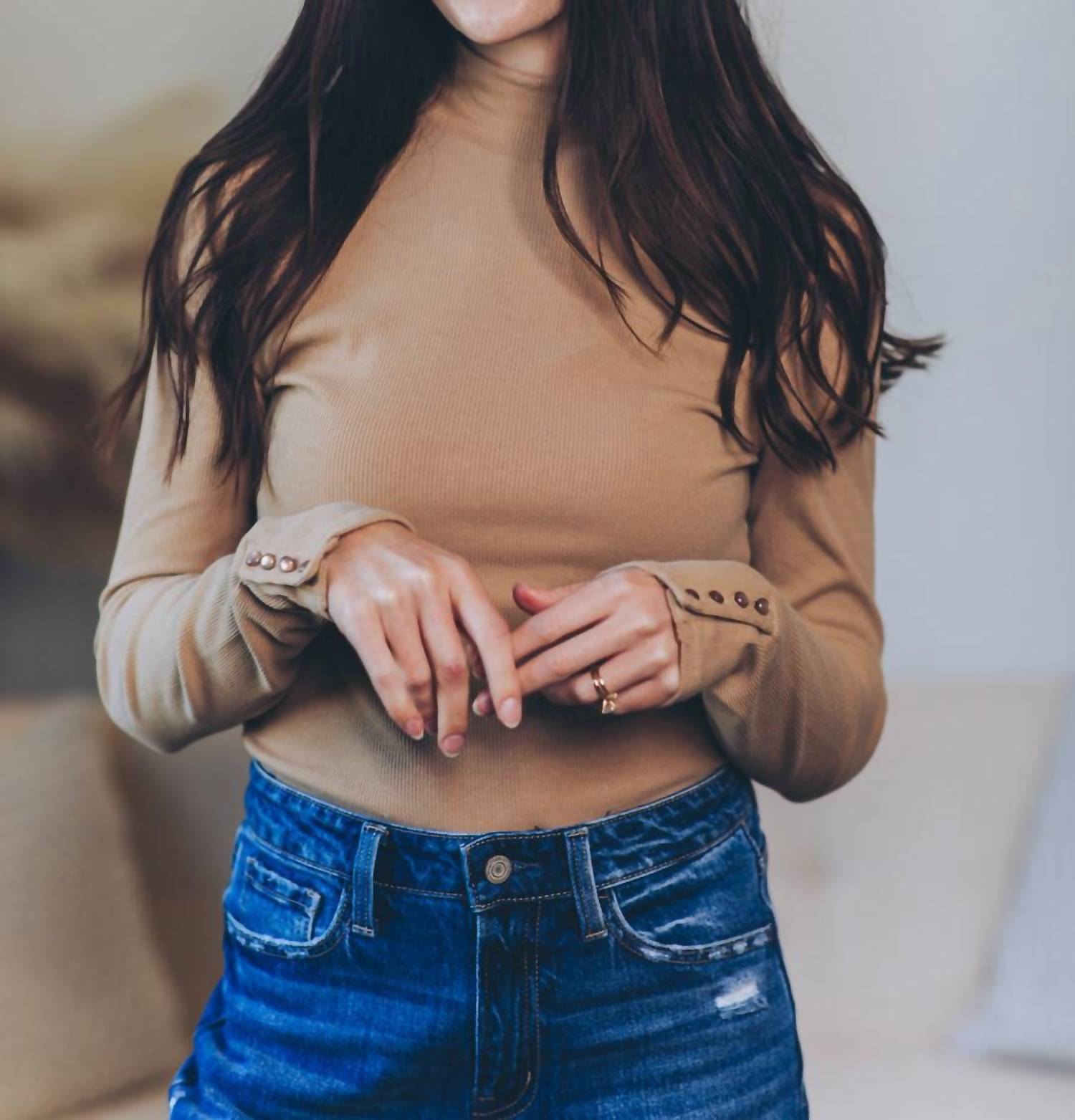 Dex Ribbed Mock Neck Top in warm beige hoc spring - women's long sleeve top - detail view