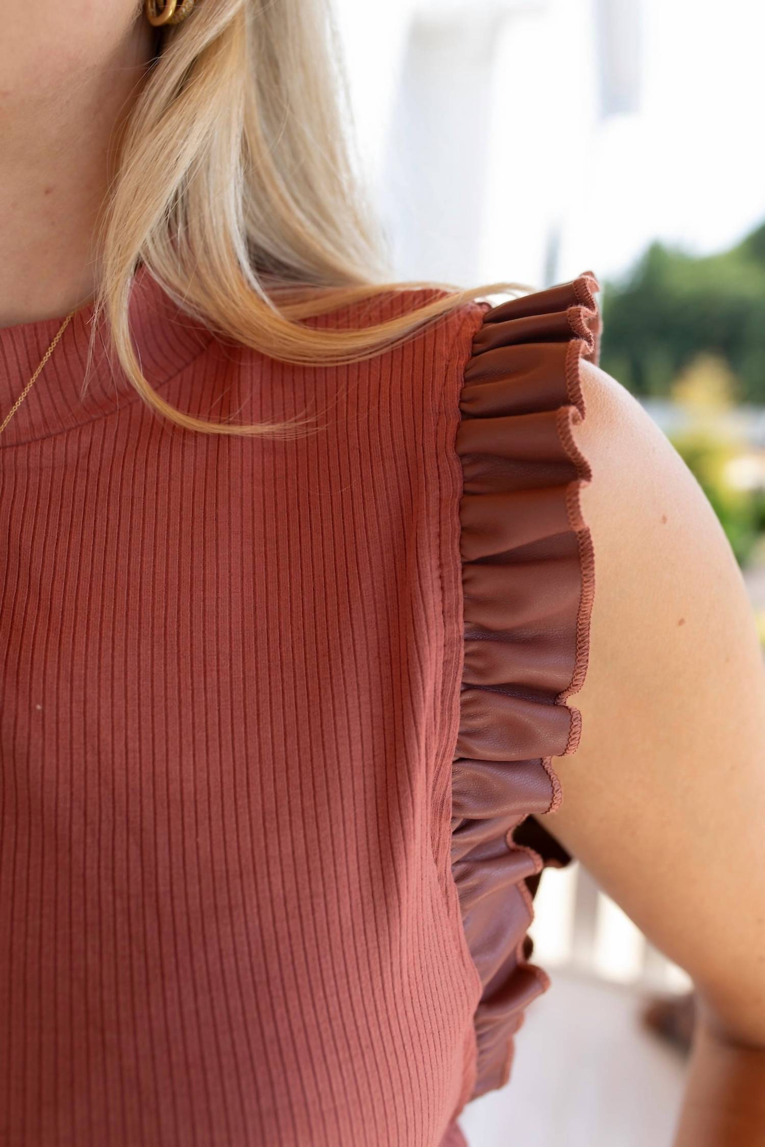 Doe and Rae Edgy Ruffles Faux Leather Tank Top in burgundy - women's tank top - detail view