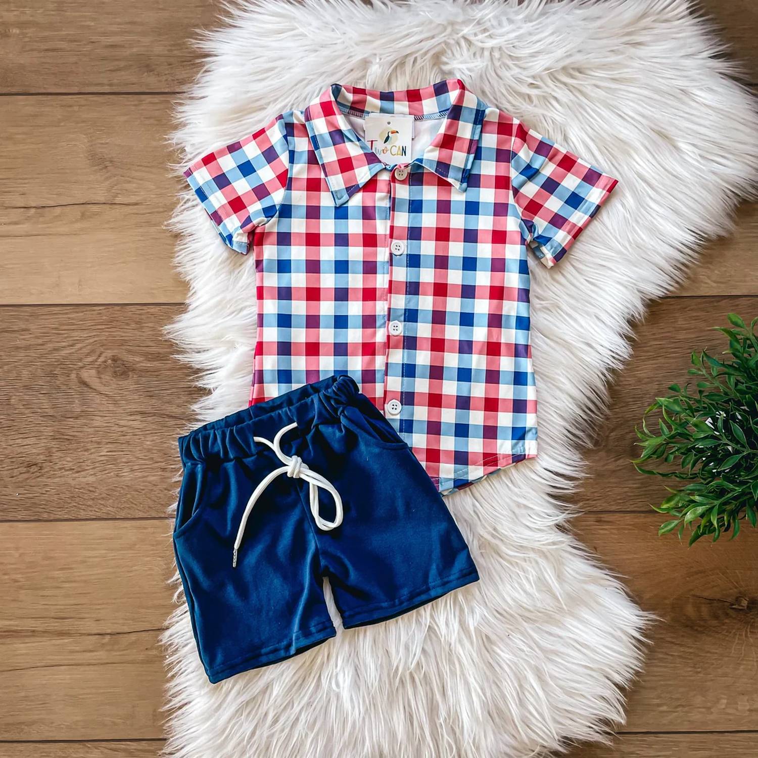 Twocan - Boys Americana Plaid Shorts Set