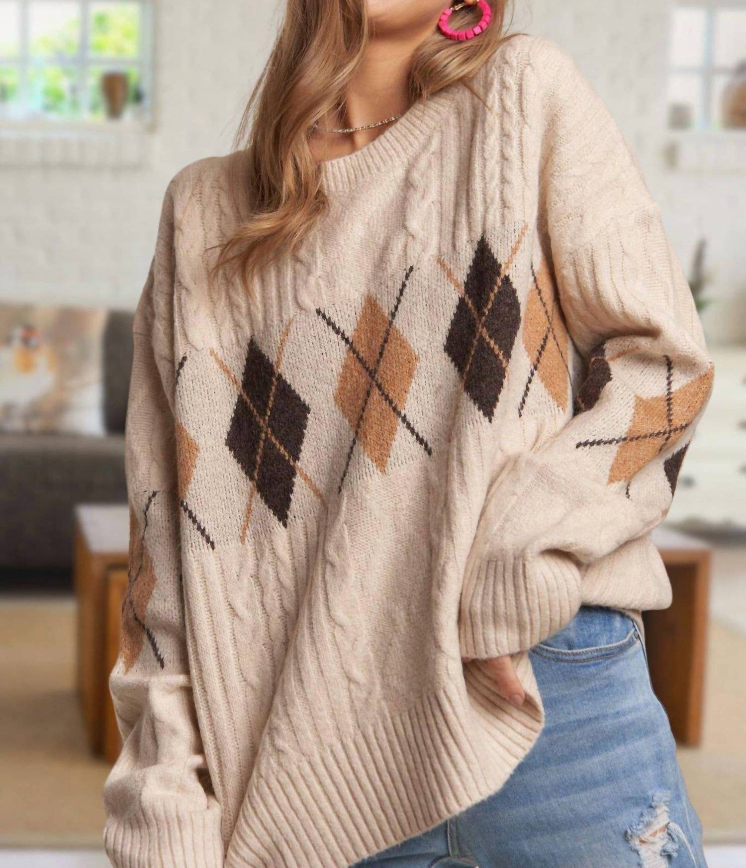 ADORA Diamond Pattern Cable Knit Sweater in oatmeal - women's sweater - view 4