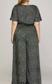 She + Sky - Flounce Sleeves Wide Leg Jumpsuit - Plus