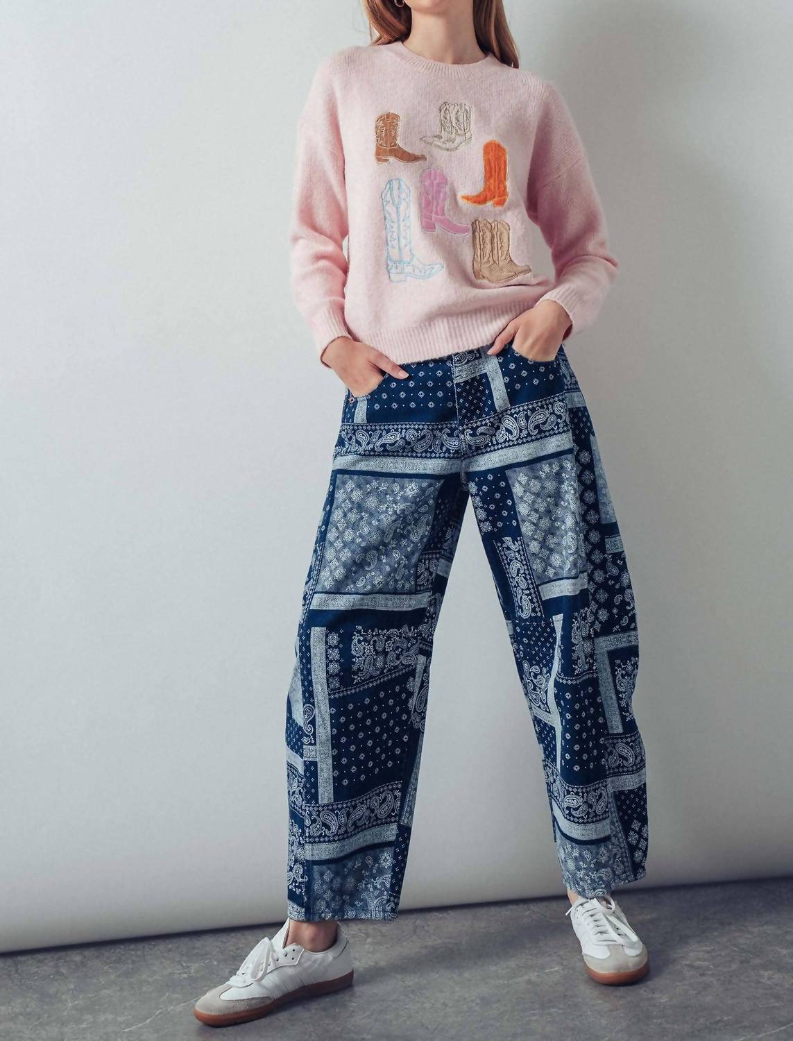 Urban Daizy Western Embroidered Cowboy Boot Sweater in pink - women's sweater - view 8