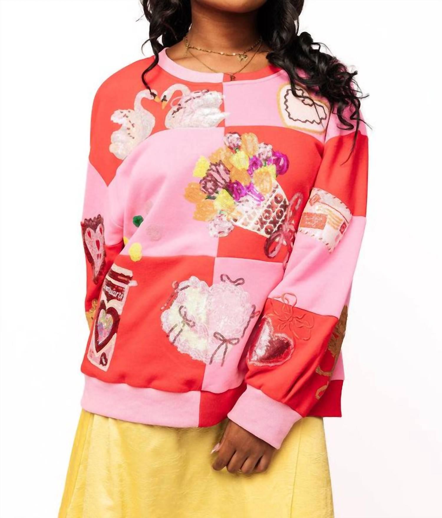 QUEEN OF SPARKLES Checkered Valentines Icon Sweatshirt in red pink - women's top