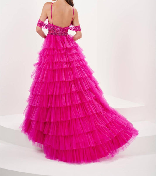 Tiffany Designs - Beaded Sheer Corset Ruffled Slit Gown