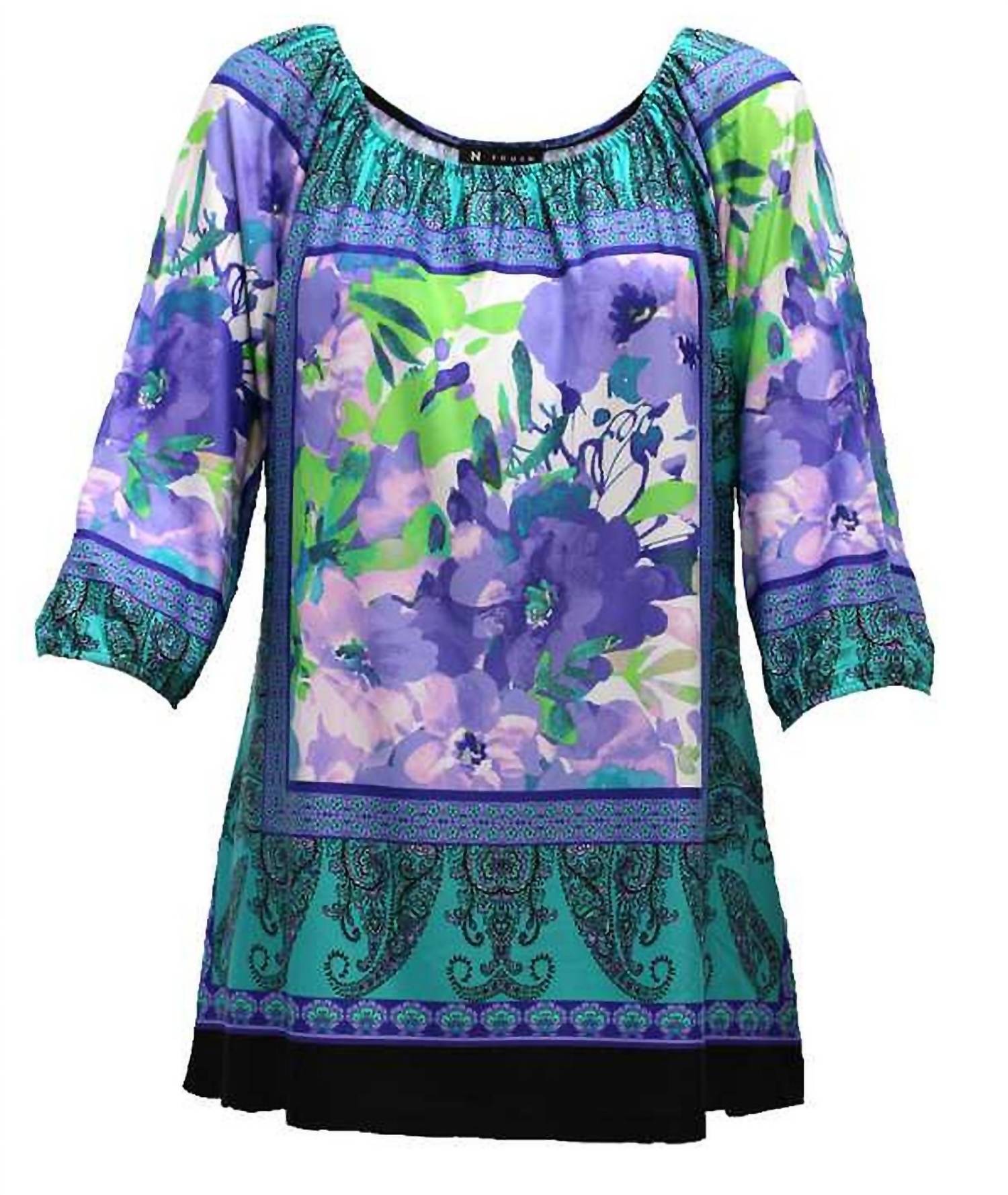 N Touch Floral Peasant Top in jade purple - women's blouse - alternate view