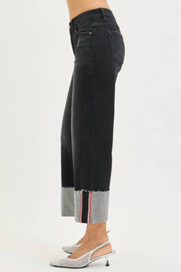 RISEN Tummy Control Mid Rise Crop Wide Cuffed Jeans in charcoal - women's jeans - detail view