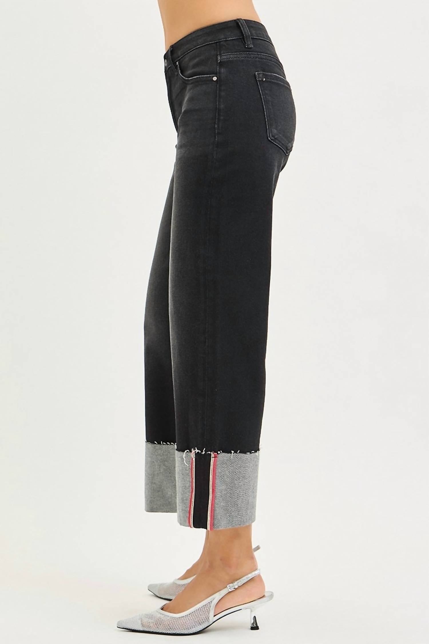 RISEN Tummy Control Mid Rise Crop Wide Cuffed Jeans in charcoal - women's jeans - detail view