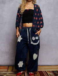 POL Floral Crochet Cardigan in navy - women's cardigan - view 4