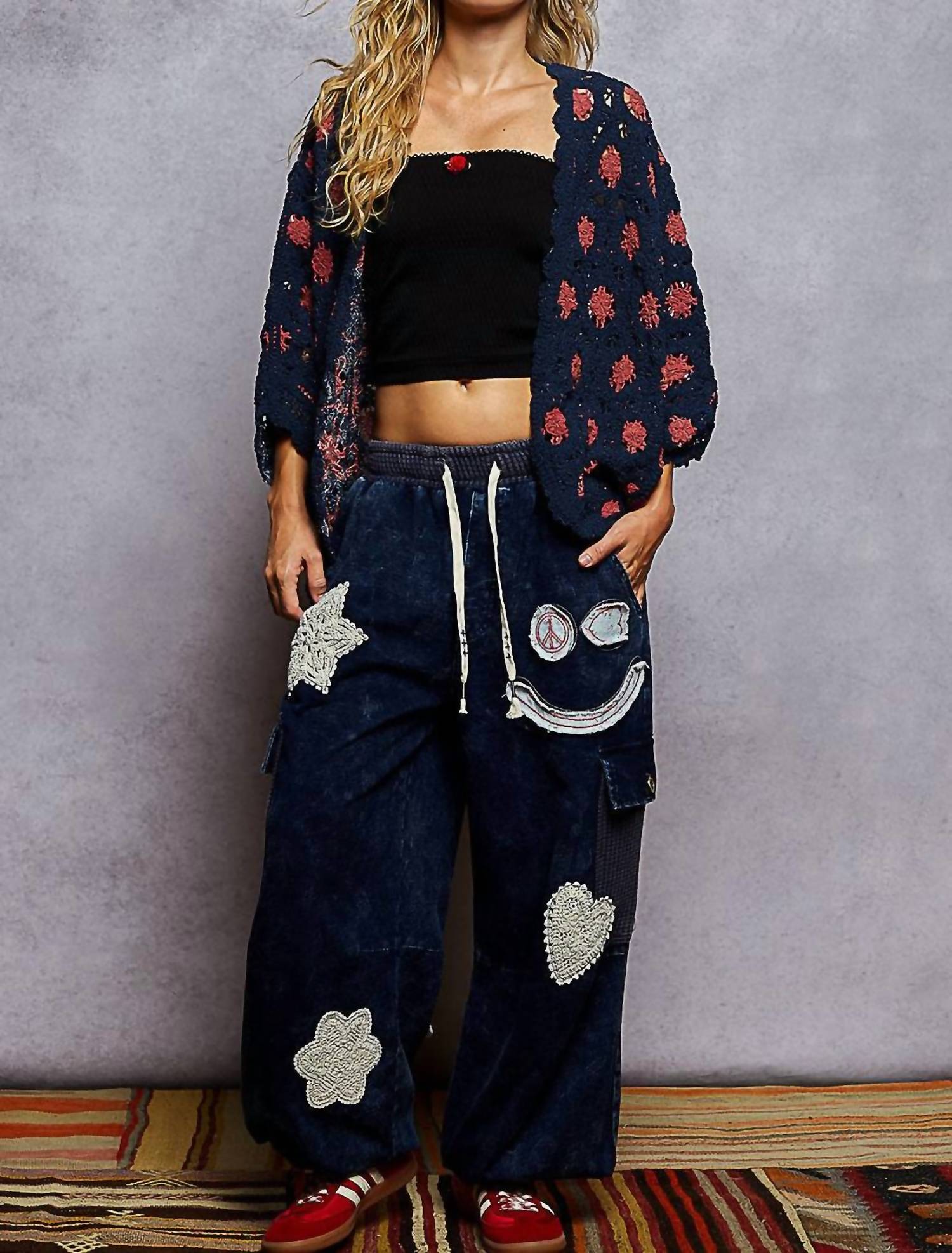POL Floral Crochet Cardigan in navy - women's cardigan - view 4