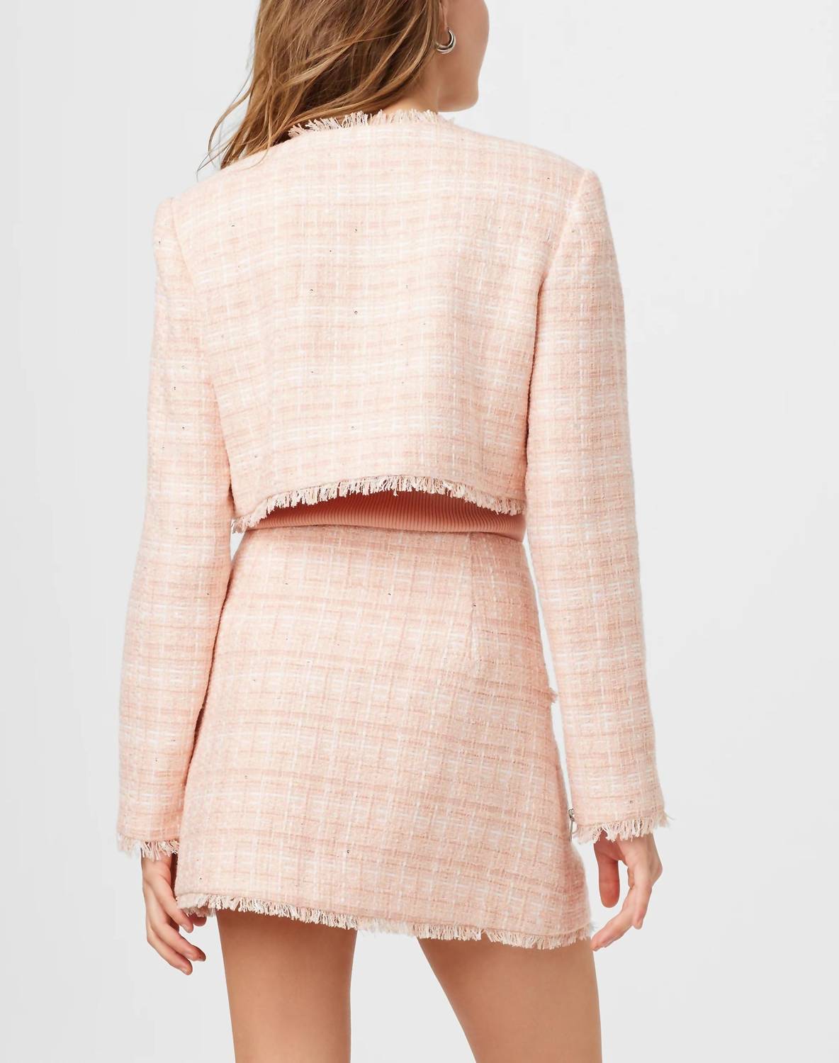 TOCCIN Lainey Crew Neck Tweed Jacket in pink sand - women's jacket - detail view