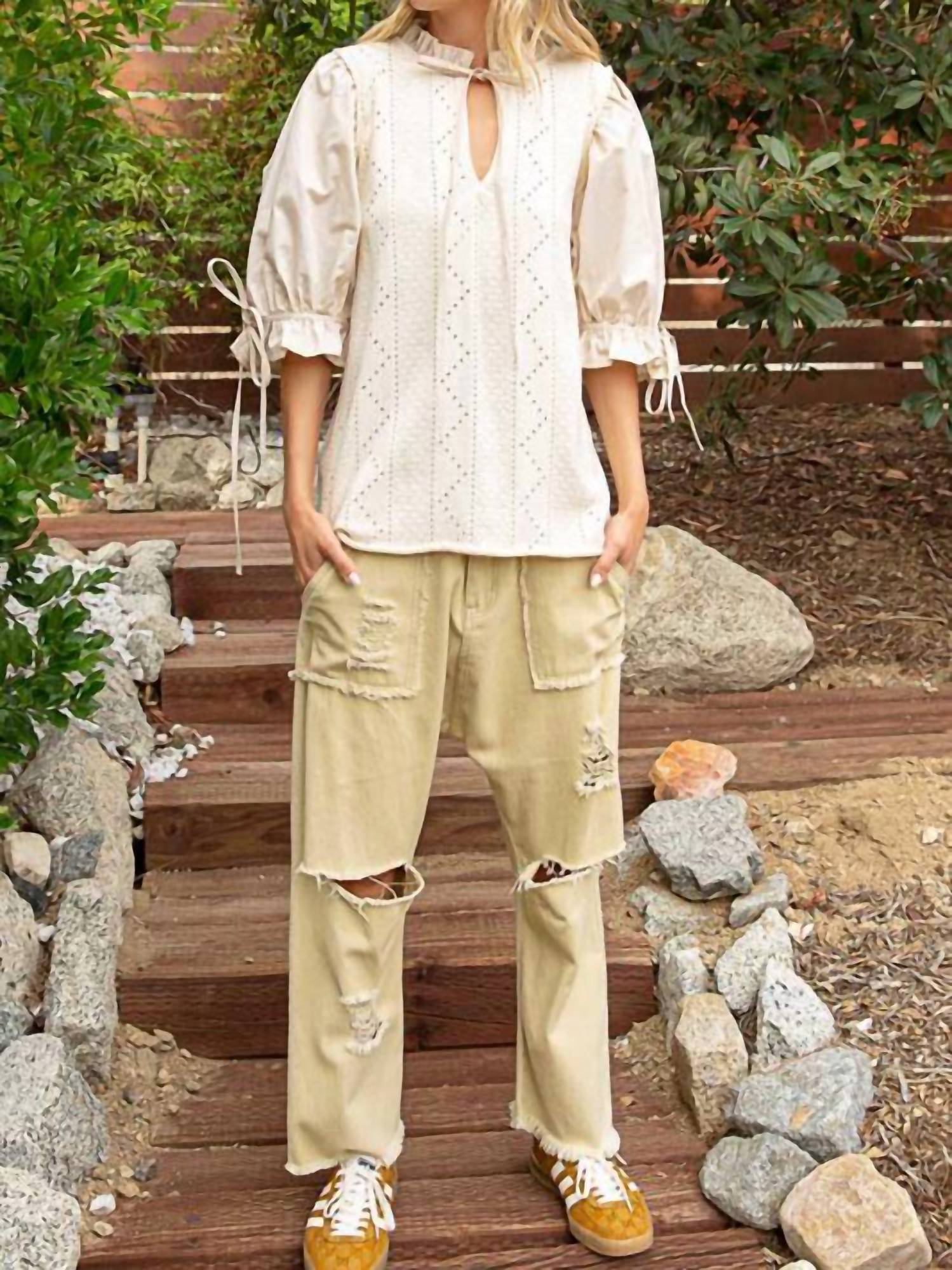 Pol - Tie Accent Puff Sleeves Top