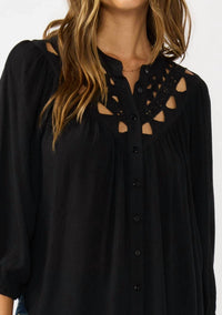 Lovestitch - Embroidered Cutout Yoke Button Down Blouse
