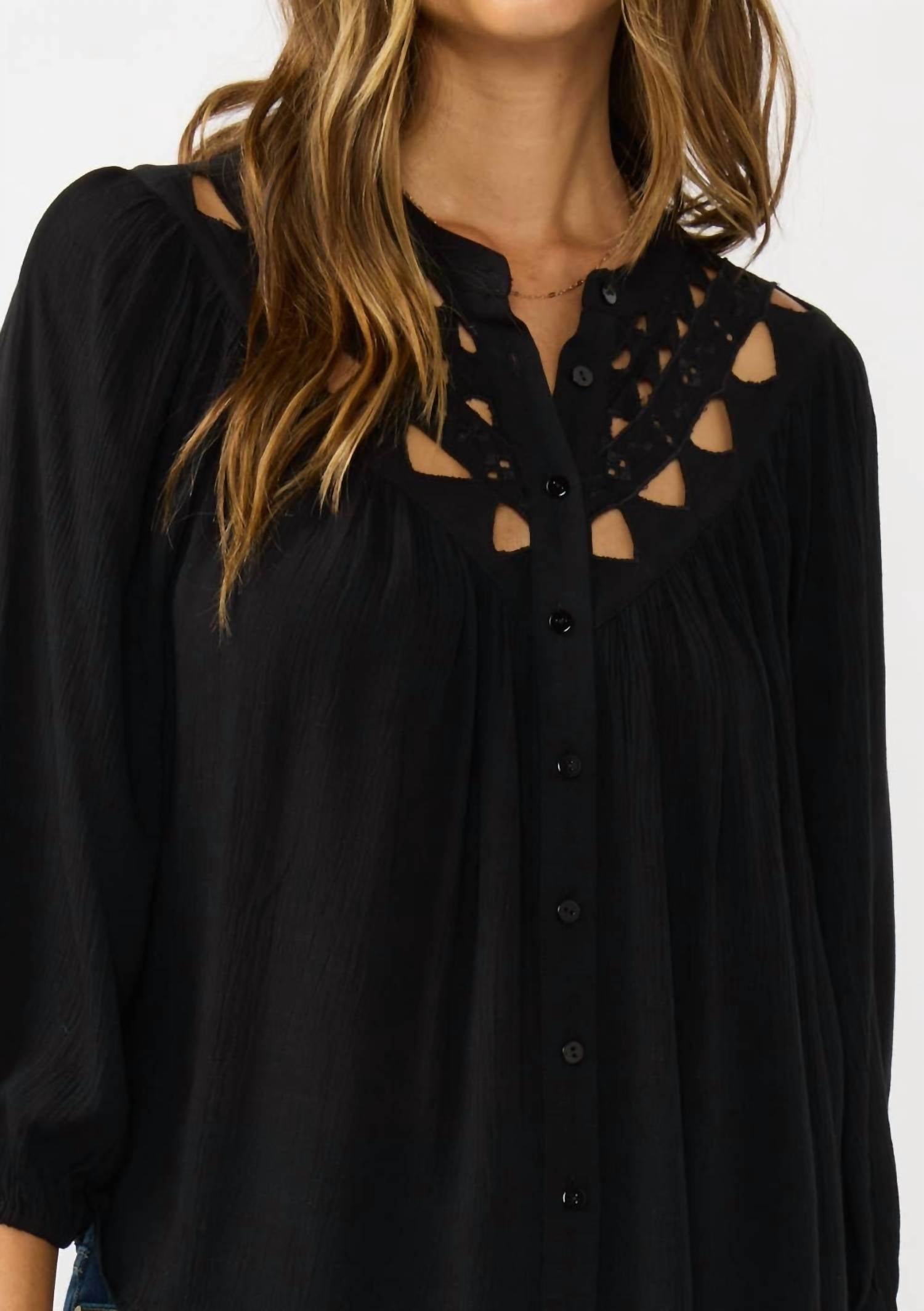Lovestitch - Embroidered Cutout Yoke Button Down Blouse