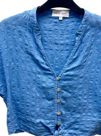 Bella Dahl Women's Short Sleeve Tie Front Top in riviera blue - women's t-shirt - detail view
