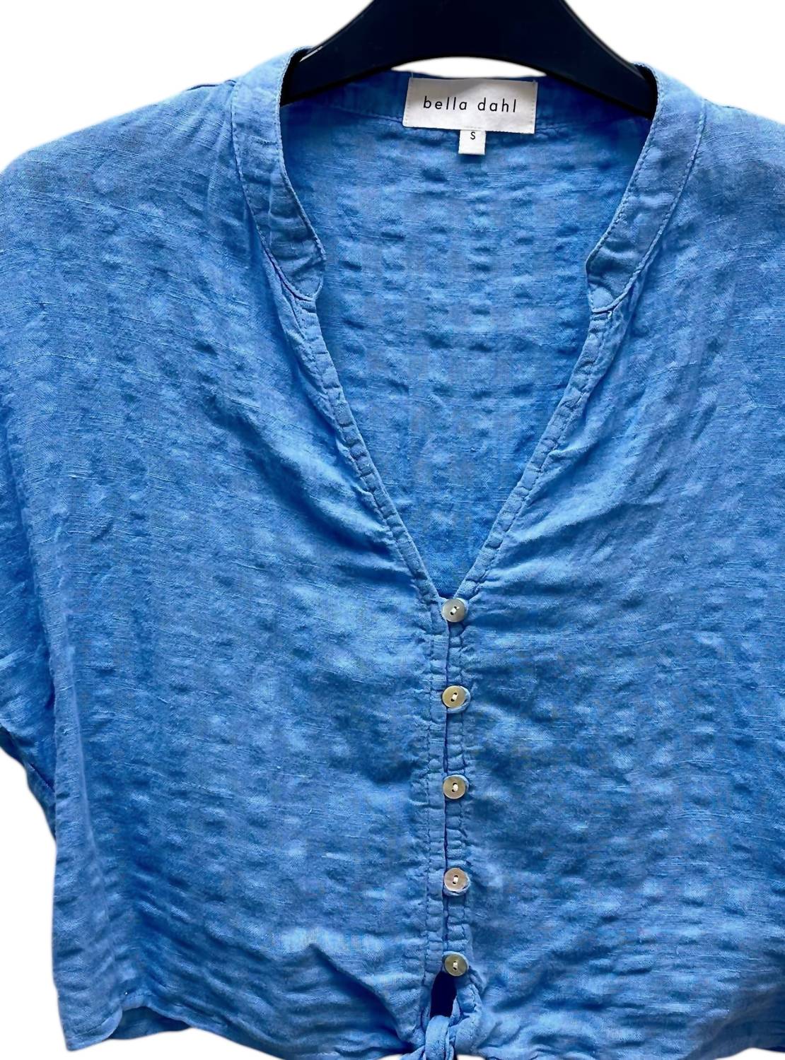 Bella Dahl Women's Short Sleeve Tie Front Top in riviera blue - women's t-shirt - detail view