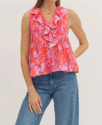 Entro - Botanical Ruffle V Neck Top