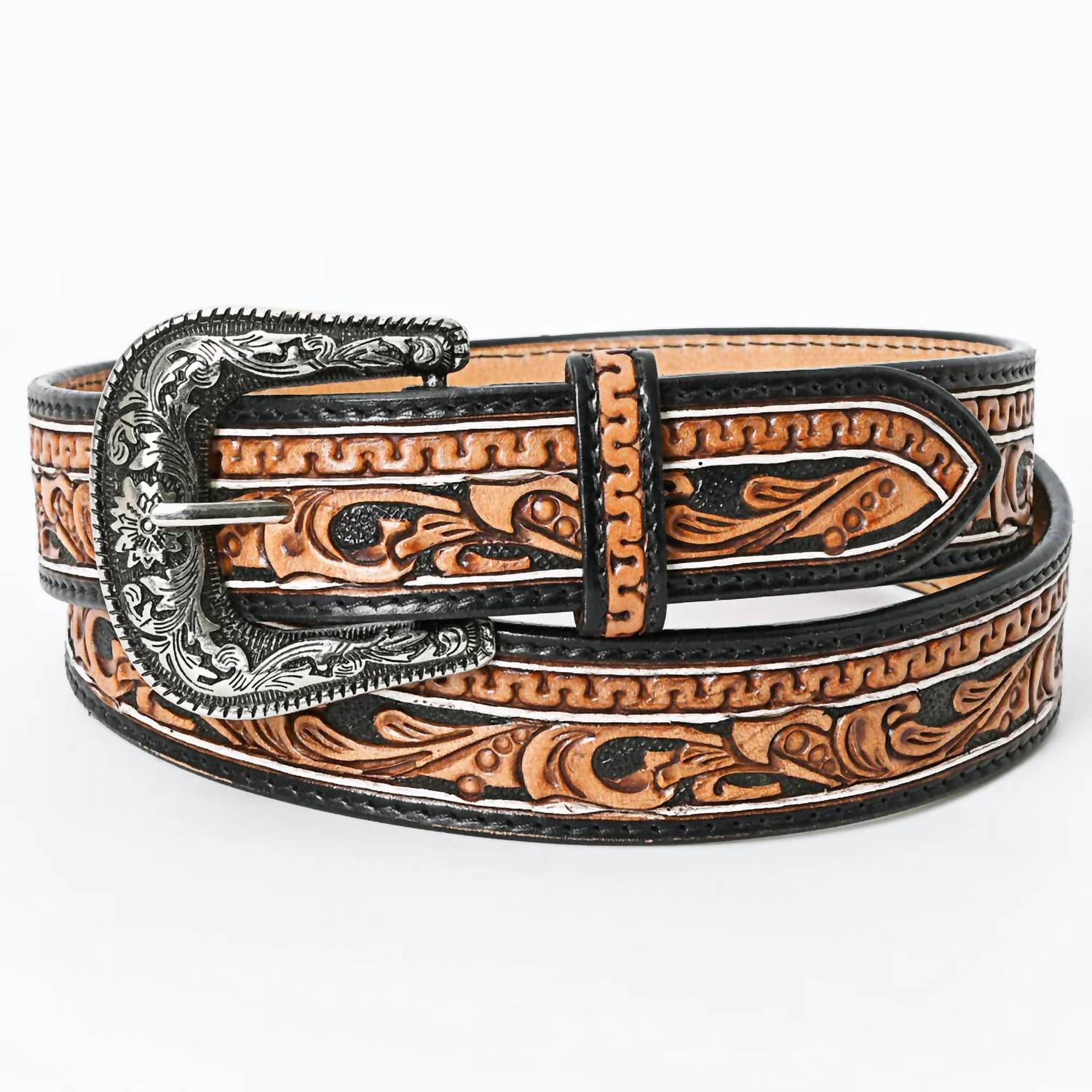 American Darling Women's Tooled Leather Western Belt in black and brown - women's accessory