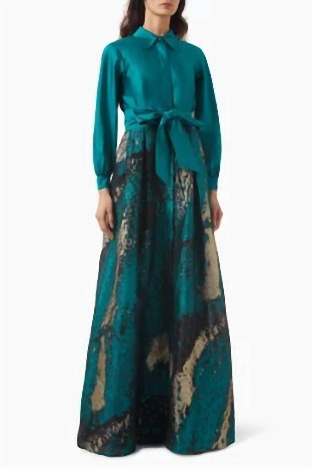 Teri Jon - Jacquard Belted Shirt Gown