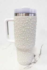 Nash Grey - Women's Pearl Studded Stainless Steel Tumbler With Handle - 40 Oz