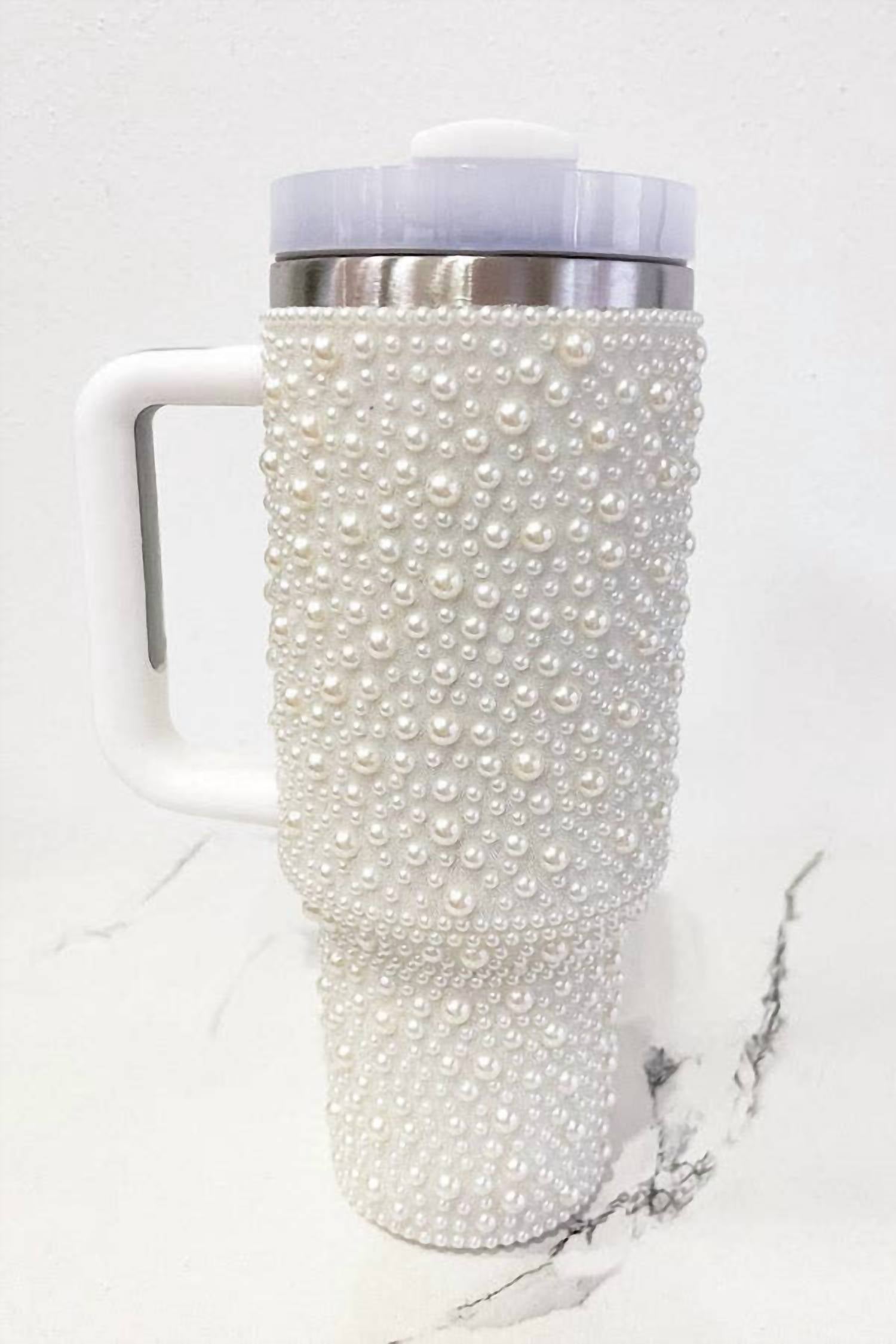 Nash Grey - Women's Pearl Studded Stainless Steel Tumbler With Handle - 40 Oz