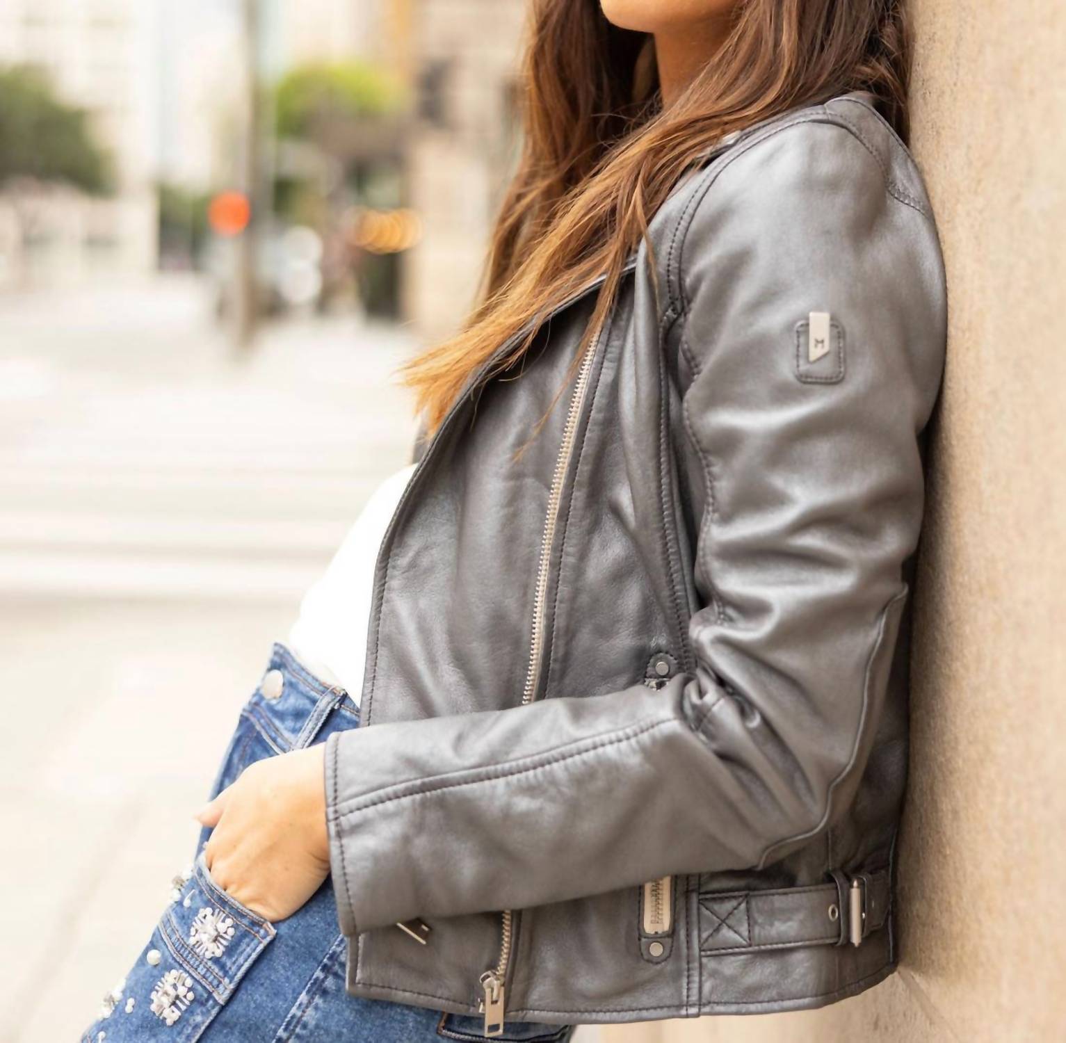 MAURITIUS Sofia Leather Jacket in gunmetal - women's jacket - detail view