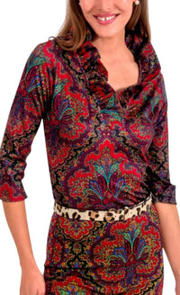 GRETCHEN SCOTT Quarter Sleeve Ruffneck Top in passion paisley black - women's blouse - detail view