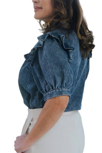 Jodifl - Denim Short Sleeve Shirt Ruffle Detail