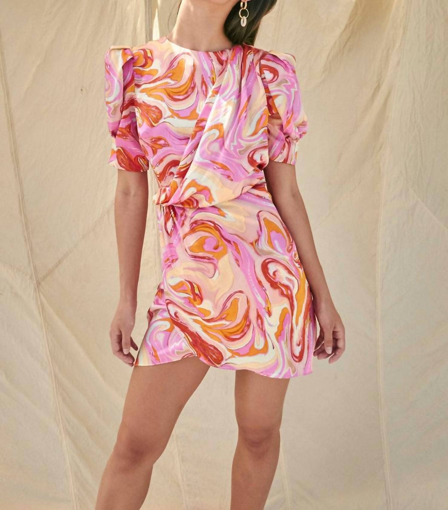 Aiifos Stephanie Silk Satin Mini Dress in pink marble - women's dress - detail view
