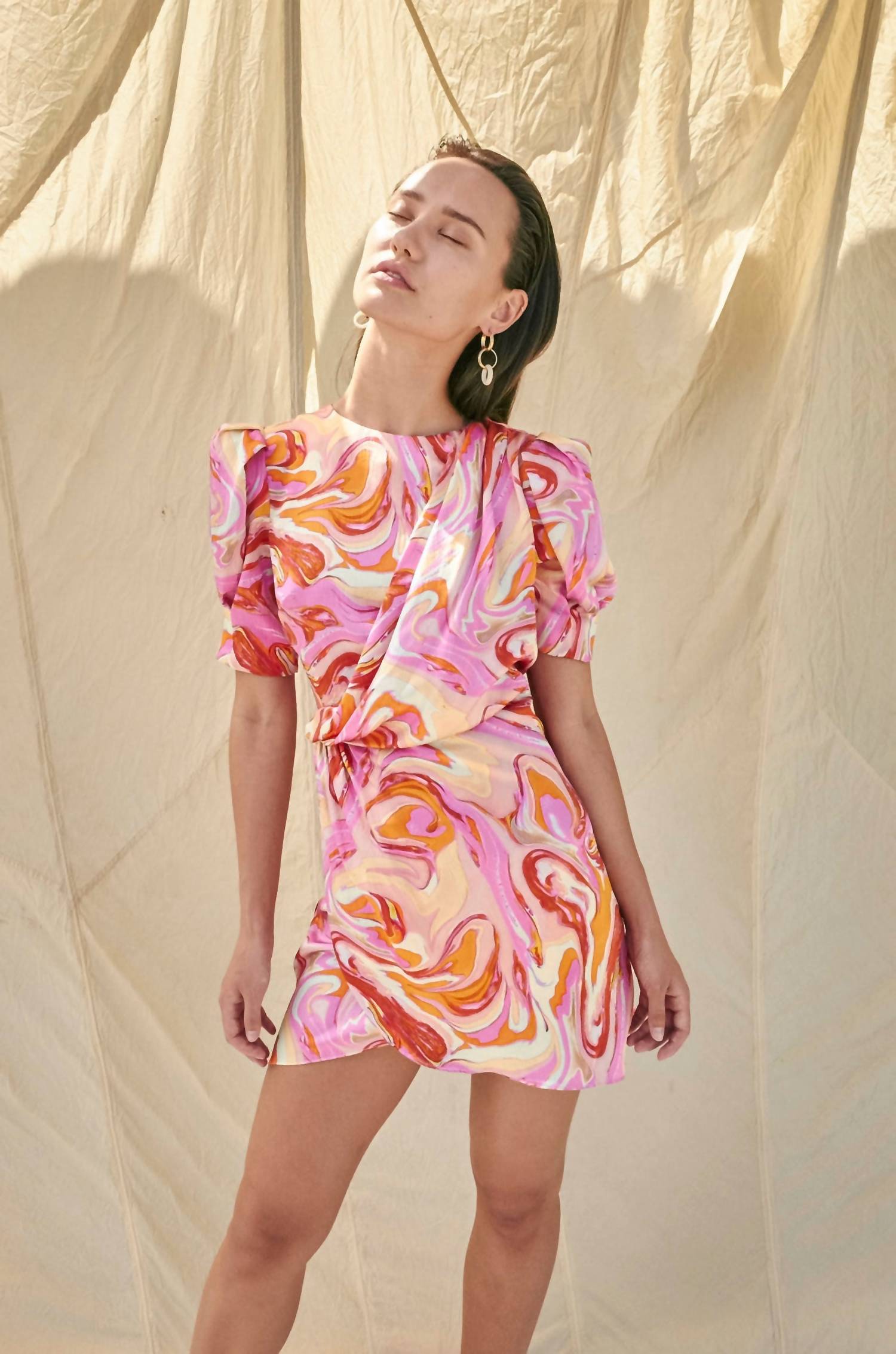 Aiifos Stephanie Silk Satin Mini Dress in pink marble - women's dress - alternate view