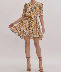 Entro - Women's Leaf Print Braided Belt Shirt Dress